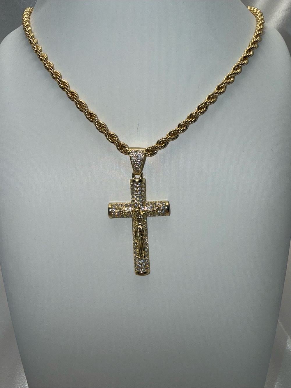 24 Inch Rope Chain CZ Cross Pendant Necklace 18k gold dipped, 14k stamped